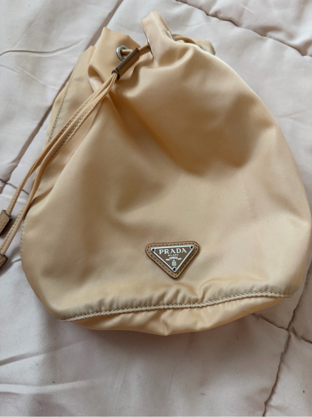 Prada Soft Beige Nylon Drawstring Mini Bucket Bag